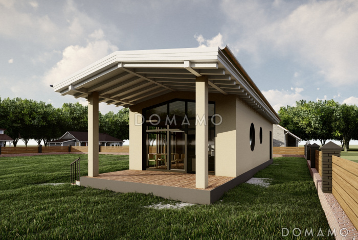 Проект бани с большой комнатой отдыха и крытой террасой