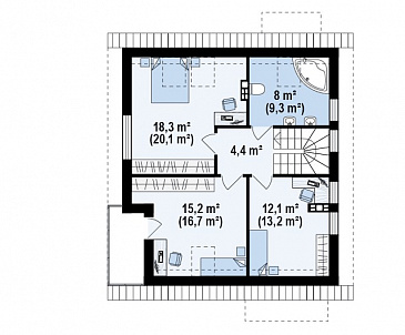 Проект одноэтажного дома с высоким мансардным этажом из газобетона с кабинетом и угловым балконом / План мансардного этажа