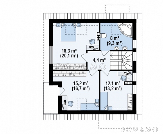 Проект одноэтажного дома с высоким мансардным этажом из газобетона с кабинетом и угловым балконом / План мансардного этажа