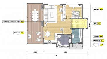 Проект каркасного дома с цокольным этажом и небольшим бассейном / План 1 этажа