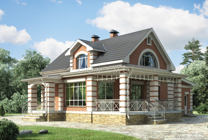 Проект современного дома из оранжевого кирпича с гаражом