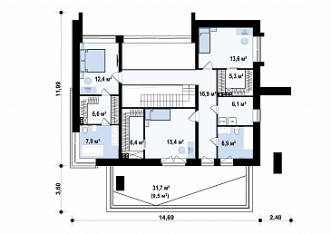 Проект дома из газобетона с кабинетом, гаражом на 2 машины и террасой на втором этаже / План 2 этажа