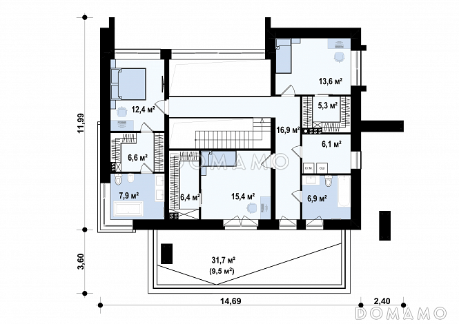 Проект дома из газобетона с кабинетом, гаражом на 2 машины и террасой на втором этаже / План 2 этажа
