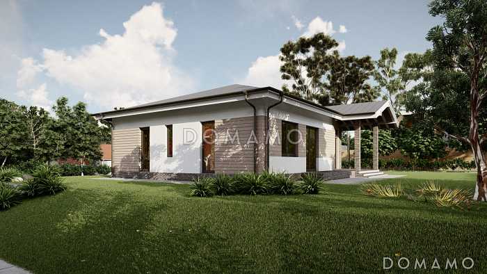 Проект одноэтажного дома с тремя спальнями, гардеробной, сауной и террасой