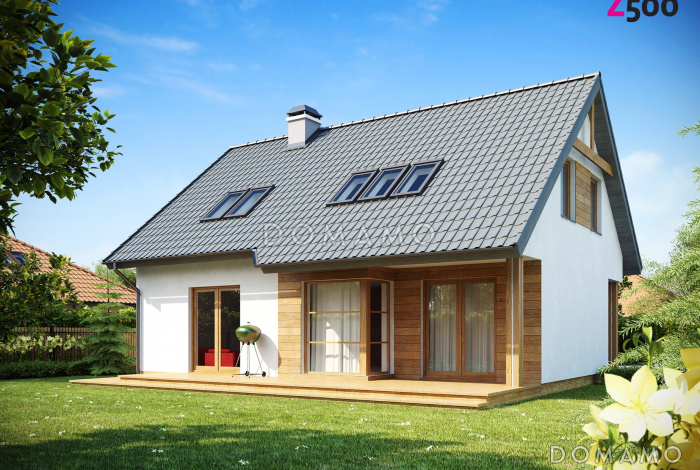 Проект одноэтажного мансардного дома из кирпича с тремя комнатами и кабинетом