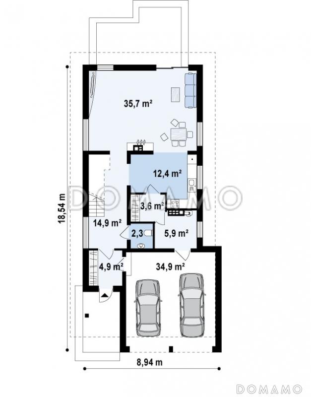 Проект одноэтажного мансардного дома из кирпича с гаражом на два автомобиля и террасой над гаражом / План 1 этажа