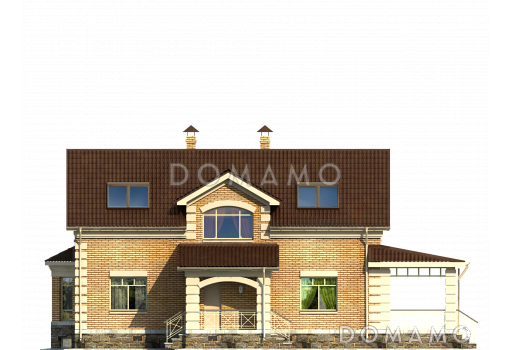 Проект гармоничного, кирпичного дома с эркером, сауной и коричневой крышей / Фасад 1