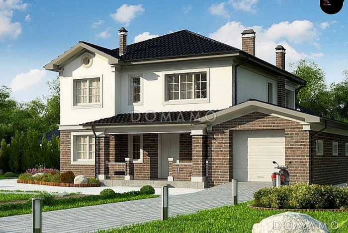 Проект двухэтажного дома с круглым окном, гаражом, просторной дневной зоной,  спальней и комнатой отдыха с сауной