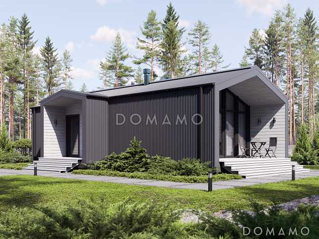 Проект дома в стиле барнхаус с сауной, спальней и кухней-гостиной-столовой