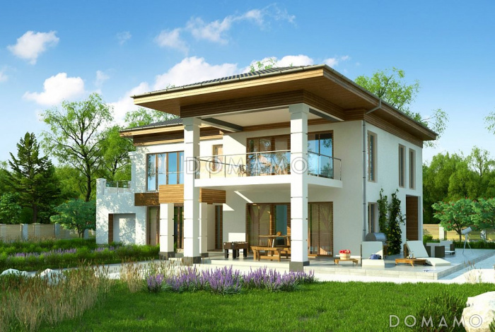 Проект просторного двухэтажного дома из кирпича с четырьмя комнатами, гаражом и террасами на обоих уровнях