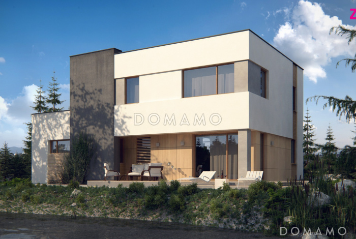 Проект современного двухэтажного дома из газобетона с техническим помещением, гаражом и открытой террасой на втором этаже