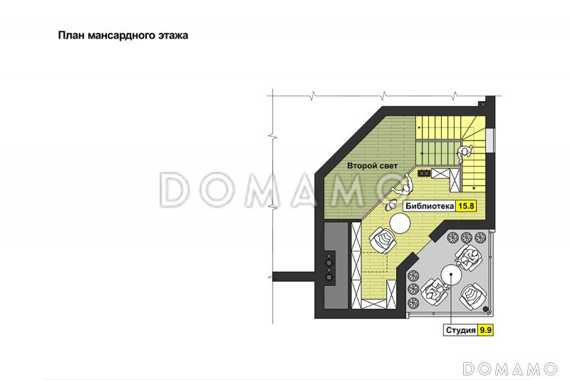 Проект квадратного загородного дома с большой гостиной, кухней-столовой, двумя террасам, вторым светом / План мансардного этажа