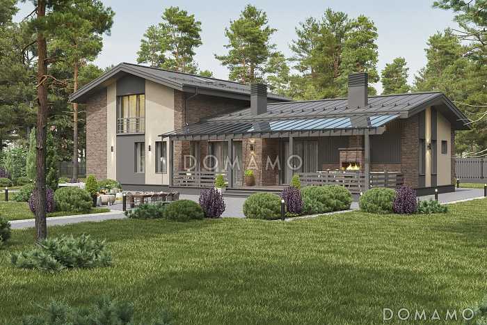 Проект каркасного дома в скандинавском стиле с сауной и террасой барбекю