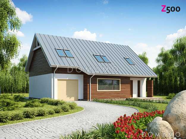 Проект одноэтажного мансардного дома из газобетона с кабинетом, тремя спальнями и гаражом