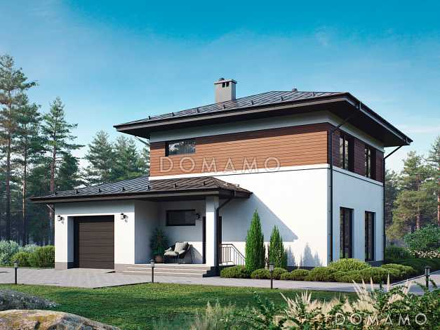 Проект загородного дома с гаражом, объединенной кухней и гостиной,  ванной с окном на втором этаже