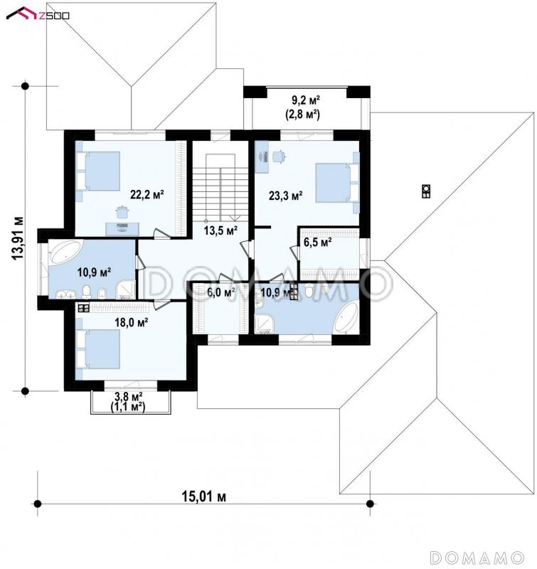 Проект загородного дома с гаражом и навесом, гостиной с эркером, большой прихожей / План 2 этажа