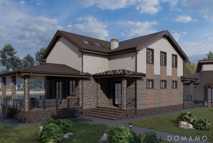 Проект коттеджа с мансардой, двусветной гостиной, сауной и верандой