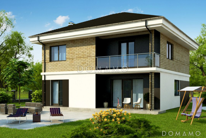 Проект современного двухэтажного дома из газобетона с четырьмя комнатами, большим тех помещением и балконом