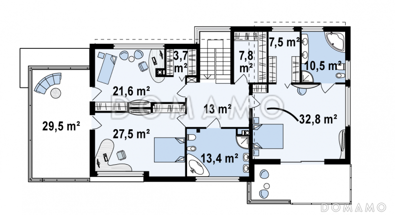 Проект современного двухэтажного дома в стиле хай-тек из кирпича с плоской крышей, балконом и гаражом с двумя отдельными въездами / План 2 этажа