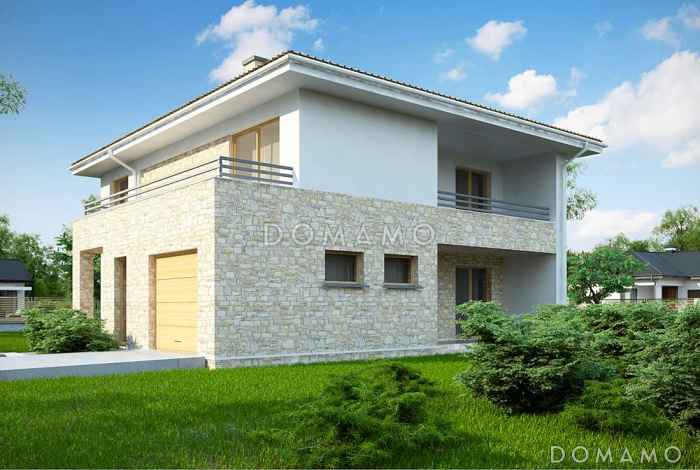 Проект современного двухэтажного дома из кирпича, с пятью комнатами, гаражом и террасами на обоих уровнях