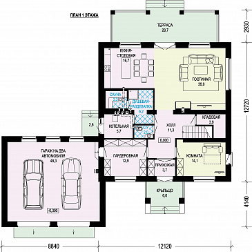 Проект газобетонного двухэтажного особняка с двойным гаражом / План 1 этажа