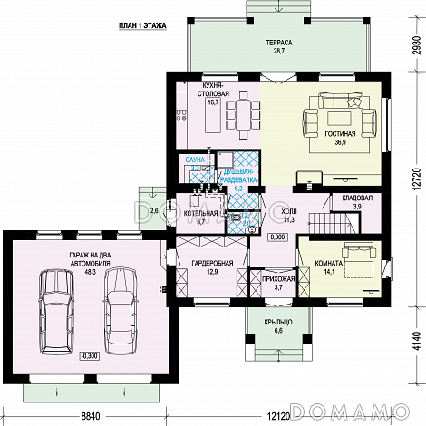 Проект газобетонного двухэтажного особняка с двойным гаражом / План 1 этажа