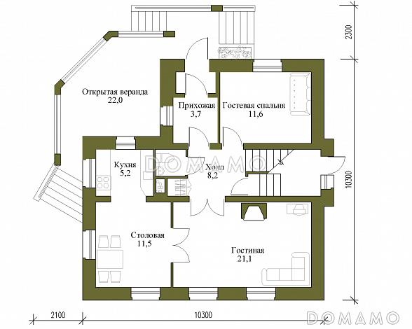 Проект коттеджа с вальмовой крышей и террасой. / План 1 этажа