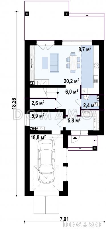 Проект двухэтажного дома из газобетона с фронтальным гаражом для узкого участка / План 1 этажа