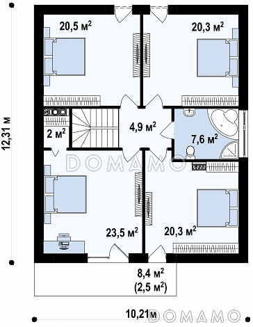 Проект мансардного дома из газобетона с пятью спальнями, гаражом и балконом / План мансардного этажа