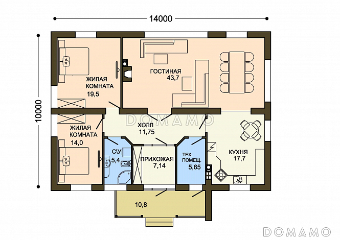 Проект одноэтажного коттеджа с коричневой облицовкой и необычной стеной крыльца / План 1 этажа