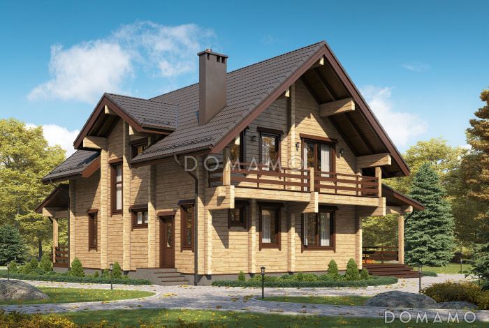 Проект двухэтажного дома из бруса с масштабной крытой террасой