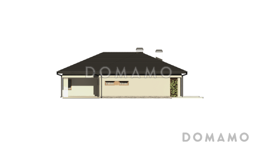 Проект одноэтажного дома из газобетона с дневной зоной в тыльной части дома и выходом на большую террасу и гаражом на один автомобиль / Фасад 1