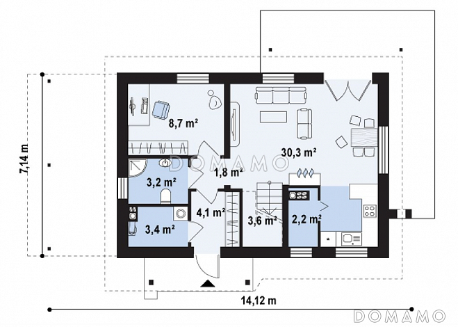 Проект одноэтажного мансардного дома из газобетона с балконом и навесом для автомобиля, с увеличенной гостиной / План 1 этажа