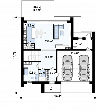 Проект загородного дома с панорамным остеклением, кабинетом, просторной гостиной, гаражом на 2 машины, кладовой на кухне / План 1 этажа