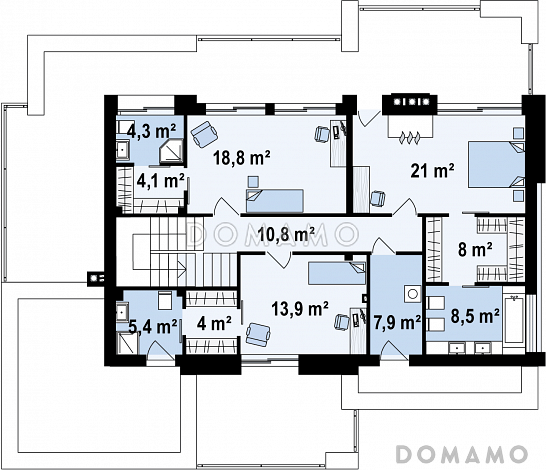 Проект современного просторного двухэтажного дома из газобетона с гаражом и просторными террасами на обоих уровнях / План 2 этажа