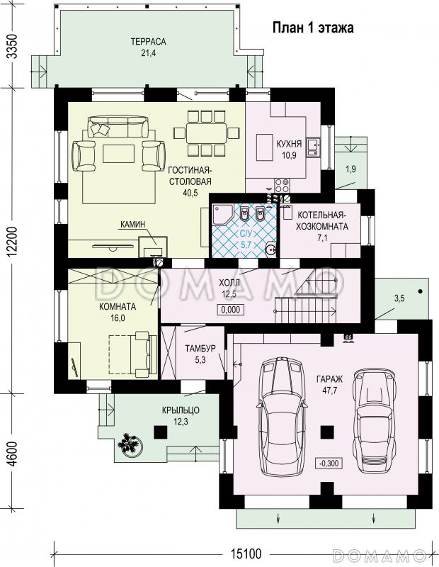 Проект двухэтажного дома из газобетона с гаражом на два машиноместа / План 1 этажа