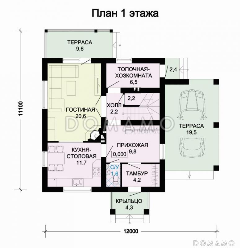 Проект дома из газобетона с навесом для автомобиля / План 1 этажа