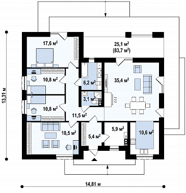 Проект одноэтажного дома с четким зонированием, крытой террасой, гостиной с камином, изолированной кухней / План 1 этажа