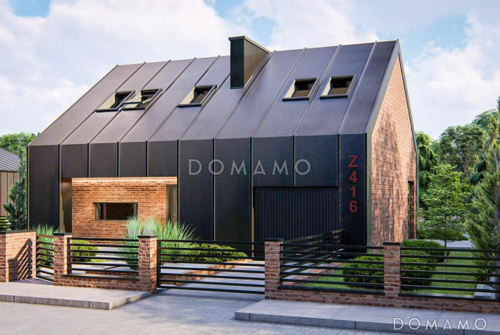 Проект дома с мансардным этажом, гаражом, кабинетом и просторной гостиной