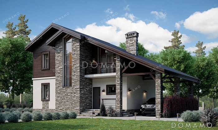 Проект дома с мансардой, светлым панорамным окном на два этажа и навесом для автомобиля