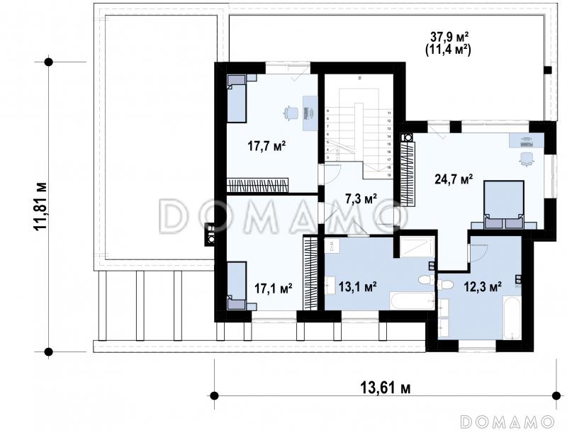 Проект загородного дома с комнатой отдыха, сауной, террасами, кладовой / План 2 этажа
