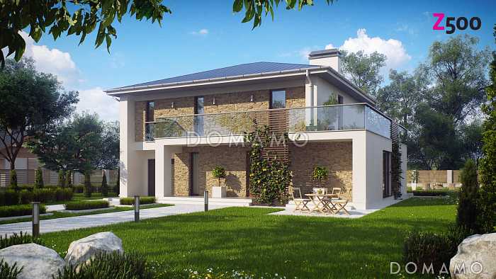 Проект современного двухэтажного дома из кирпича с дополнительной спальней на первом этаже, гаражом и открытой террасой на втором этаже