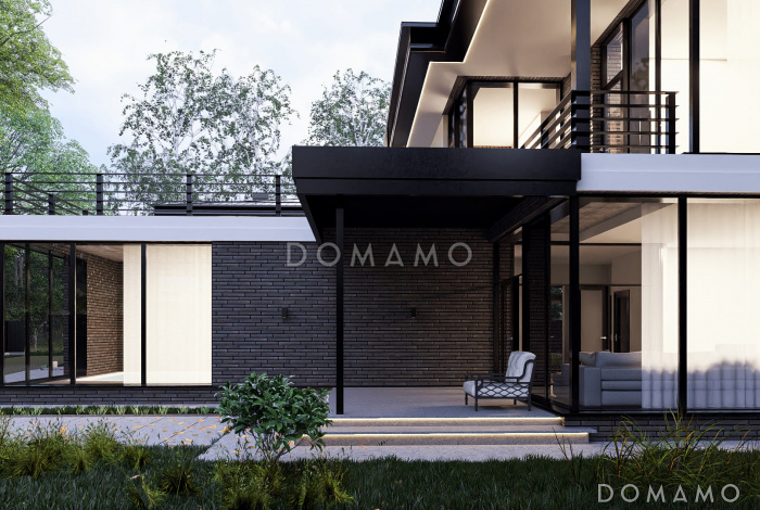 Проект двухэтажного дома с мастер-спальней, балконом и большой крытой террасой