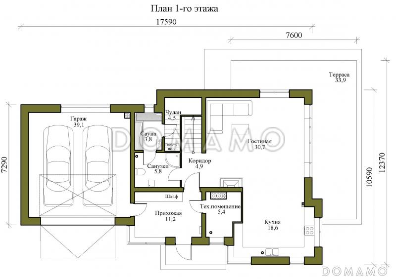 Проект трехэтажного дома в стиле хай-тек с гаражом на две машины и балконом над ним / План 1 этажа