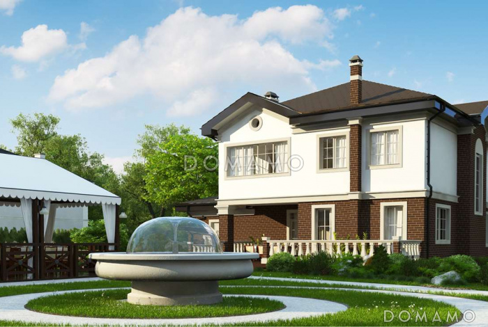 Проект современного двухэтажного дома из газобетона с четырьмя комнатами, гаражом и зимним садом на втором этаже