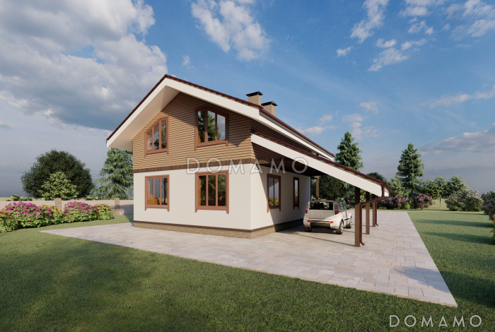 Проект двухэтажного каркасного дома с навесом и балконом