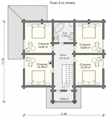 Проект дома  с 4 спальными комнатами, санузлом и небольшим балконом на мансардном этаже / План мансардного этажа