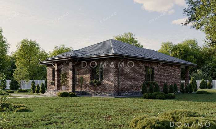 Проект простого одноэтажного дома с большой террасой, вальмовой кровлей, двумя санузлами и тремя спальнями