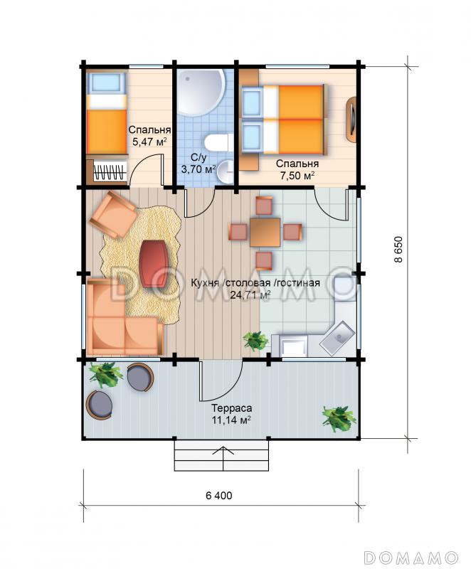 Проект одноэтажного дома с двумя спальнями и санузлом / План 1 этажа