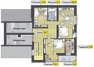 Проект дома с крытой террасой, сауной и душевой, двумя спальнями на первом этаже, гостиной с камином, балконом, вторым светом / План мансардного этажа